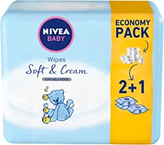 NIVEA Baby Soft & Cream Wipes, Caring Cream Protection, No Alcohol, 3 x 63 Wipes