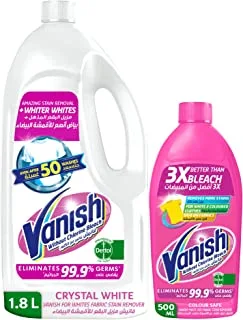 Vanish Crystal White Laundry Stain Remover Liquid For White Clothes, 1.8L + Vanish Laundry Stain Remover Liquid For White Colored Clothes, 500Ml (Can Be Used With Or Without Detergents & Additives)