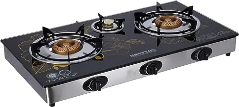 3 burner-stainless steel frame and tray-3 Burner - Gas Hob Cooker - Flame Gas Burner with 7mm tempered glass - flame failure safety device- Piezo Auto Ignition, Krypton, BLACK, KNGC6060