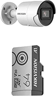 Hikvision 8 MP AcuSense Fixed Bullet Network Camera، White + Hikvision Micro SD Card 64G / MicroSDXC ™ / 64GB / TLC / C10، U1، V30 سرعة قراءة تصل إلى 95 ميجابايت / ثانية ، سرعة كتابة 55 ميجابايت / ثانية