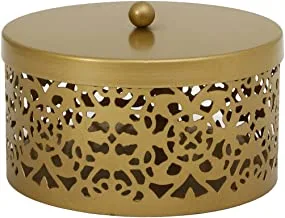 هوم تاون صندوق شموع دائري مزخرف معدن ذهبي ، 13 × 8 سم