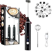 SHOWAY Milk Frother Electric, Handheld USB Rechargeable Gift for Coffee Lovers, 3 Speeds Foam Maker for Lattes, Cappuccino - 2 Stainless Steel Whisks with Extra Coffee Art Stencils & Handbag
