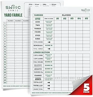 SWOOC Games - 5 Big Laminated Yardzee & Farkle Score Cards (11.5in x 8in) with Rules | Large Reusable Dry Erase Pads for Giant Outdoor Dice Games | Jumbo Score Sheet for Yardzee and Farkle