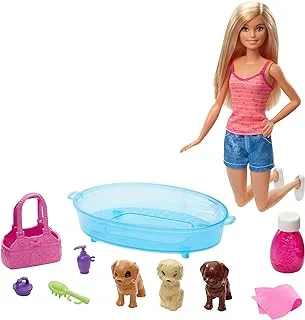 Barbie Doll, Blonde, And Playset With 3 Puppies, Bathtub And Accessories Gdj37