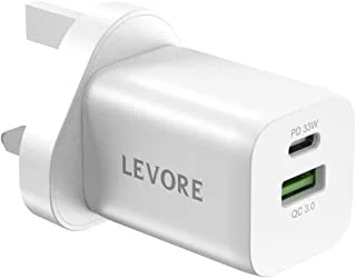 Levore Wall Charger 33W 1XUSB-C PD and 1XUSB-A QC3 Port - White