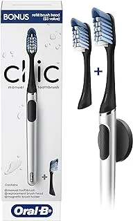 Oral-B Clic Manual Toothbrush, Chrome Black, with 1 Bonus Replacement Brush Head and Magnetic Toothbrush Holder