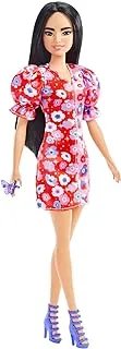 Barbie Fashionistas Doll, with Long Black Hair & Color Block Floral Dress with Puffed Sleeves, Strappy Purple Heels, Butterfly Ring, Toy for Kids 3 to 8 Years Old