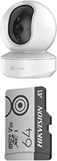 EZVIZ New Security Camera Indoor Pan/Tilt, Baby Pet Monitor with Motion Detection, Auto Tracking, 2-Way Audio, 10m Night Vision + Hikvision Micro SD Card 64G/ MicroSDXC™/64GB/TLC/C10,U1,V30