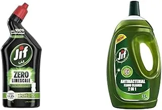 JIF Antibacterial Hard Surface Toilet Cleaner, with Lime Power, Zero Limescale 750ml + JIF Antibacterial Floor Cleaner with Power of 5, Pine, 3L