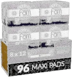Fam Maxi Sanitary Pad Folded with Wings Night 8 pads, 12 Packs