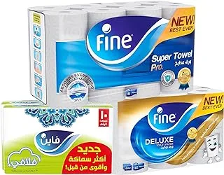 Fine Tissues Bundle - Fine Fluffy Pack Of 20 Boxes (130 sheets) AND Fine Deluxe Toilet (12 Rolls) AND Fine Super Towel Pro (8 Rolls)