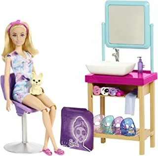 Barbie Sparkle Mask Spa Day Playset, Blonde Barbie Doll, 7 Spa Masks, Sink, Mirror, Chair For A Total Of 15+ Accessories, Great Gift For Kids 3 To 7 Years Old