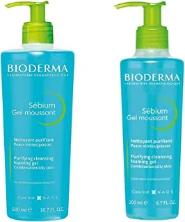 Bioderma Sebium Facial Purifying Cleansing Foaming Gel For Combination/Oily Skin, 500Ml & Sebium Facial Purifying Cleansing Foaming Gel For Combination/Oily Skin, 200Ml
