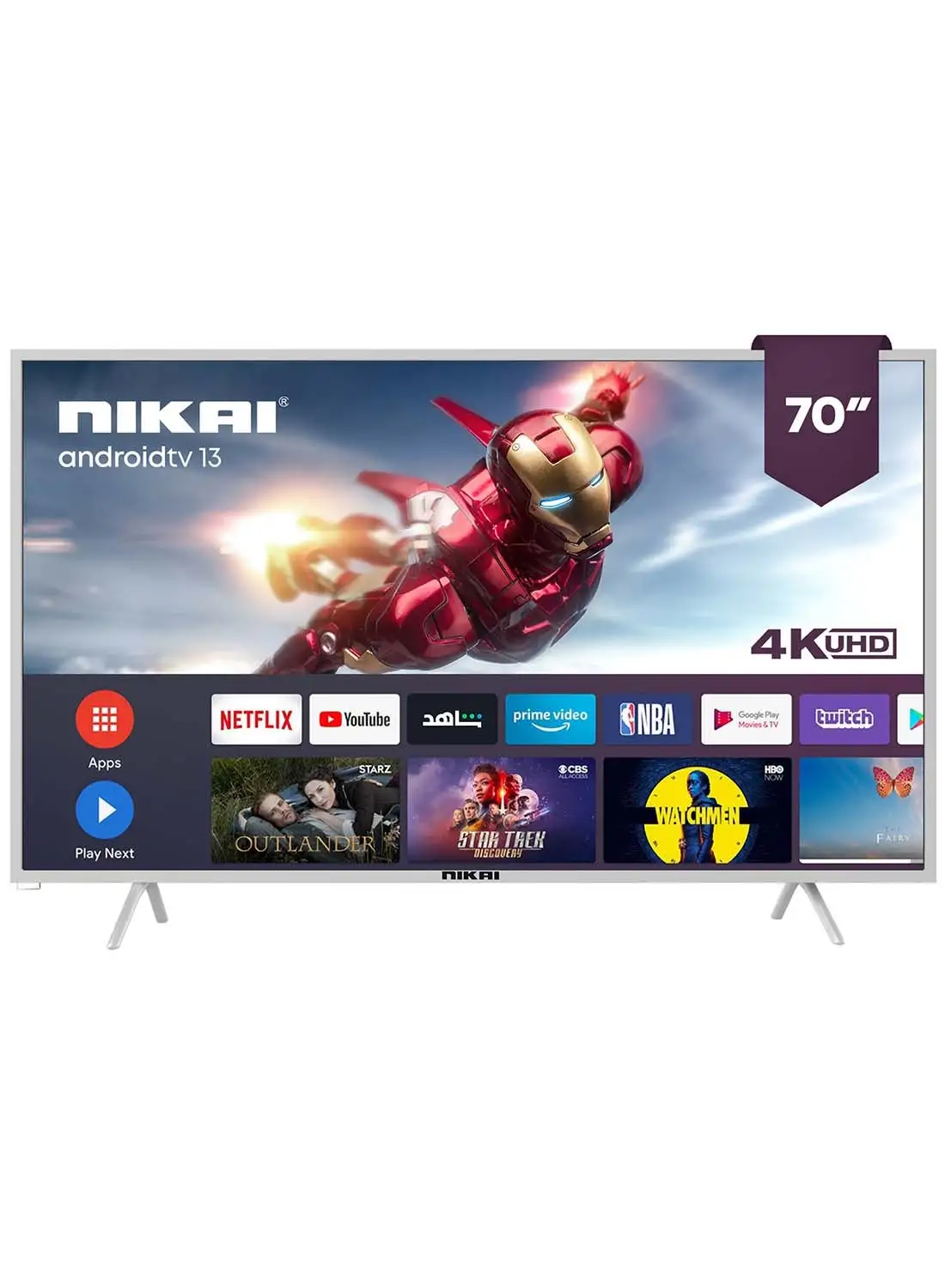 NIKAI 70 Inch Smart LED TV, Frameless Design, Built-In Wi-Fi, Smart Apps Shahid, YouTube, Netflix, Amazon, HDMI And USB Connectivity, Quad-Core, 1GB RAM, 8 GB Memory, Auto Power Off UHD70SLED Silver/Black