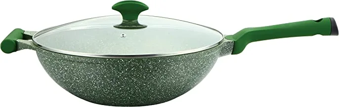 Prestige Essentials Granite Non-Stick WOK Pan with Lid Cast Aluminium Cookware | Induction Base | Non Stick Aluminium | Granite Wok Pan | Marble WOK Pan | PFOA & Lead Free -PR81118- Green, 32cm