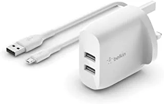 شاحن Belkin Boost Charge المزدوج USB-A الجداري 24 وات + كابل USB-A إلى Micro-USB (للهواتف الذكية والأجهزة اللوحية وسماعات الرأس اللاسلكية وبنك الطاقة ومكبرات الصوت المحمولة والمزيد)