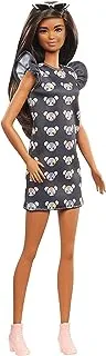 Barbie Fashionistas Doll #140 with Long Brunette Hair Wearing Mouse-Print Dress, Pink Booties & Sunglasses, Toy for Kids 3 to 8 Years Old, Gray