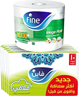 Fine Tissues And Kitchen Bundle (Fine Fluffy, 130X2 Ply White Tissues, Pack of 50 Boxes + Fine Kitchen Towel Mega Roll, 1000 Sheets - Pack of 1)