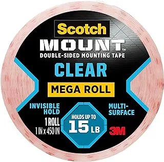Scotch Mount Clear Tape 1 in x 450 in (25.4mm x 11.4m) | Holds 6.8 kg using 1.52 m | Transparent color | Multi-Surface| Easy to use | No Tools | Double Sided Adhesive Tape | 1 roll/pack