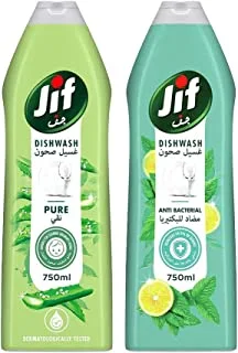JIF Pure Hand Dishwash with Aloe Vera & Mineral Salt 750ml + JIF Antibacterial Liquid Dishwash Mint & Lemon, Removes 99.9% of germs, 750ml