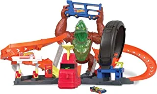 ​Hot Wheels Toxic Gorilla Slam Gas Station & Tire Repair Shop Playset with Launcher, Lights & Sounds & 1:64 Scale Car, Gift for Kids 5 Years Old & Up GTT94, Multi-color