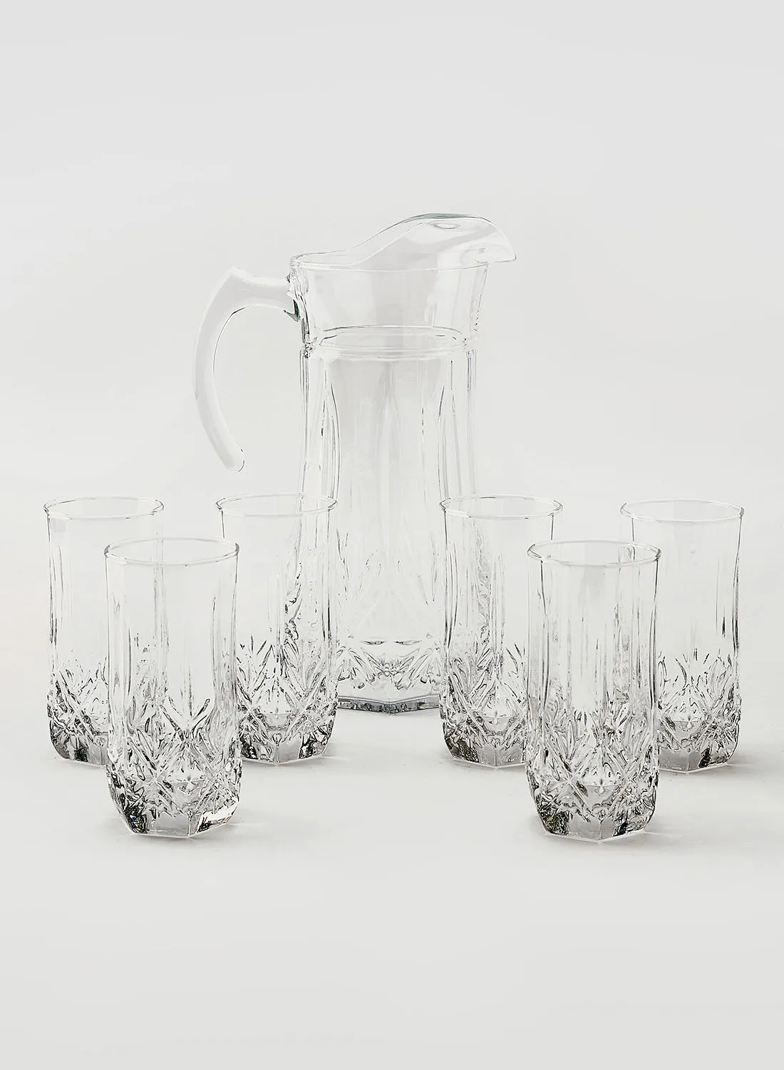 Noon East 7 Piece Glass Drink Set Beverage Glasses For Juices - By Noon East - Jug 1.6 L, Tumblers 30 Cl - Serves 6 - Crystal Crystal Jug 1.8 L + 6 Tumblers 300ml