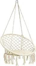 SKY-TOUCH Hanging Hammock Chair,Comfortable Sturdy Macrame Hanging Swing Chair,Knitted by Cotton Rope with Romantic Fringes For Indoor Outdoor Bedroom Patio Yard Garden Balcony 80×80×42cm creamy-white