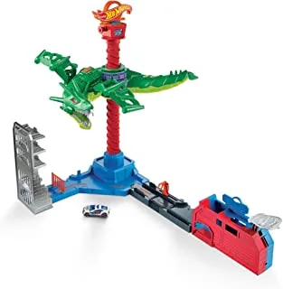 Hot Wheels City Air Attack Robo Dragon Play Set Motorized with Different Sounds and 1 Hot Wheels Car GJL13, Multicolour