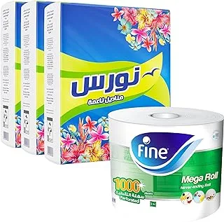 Nawras Tissues and Fine Kitchen Roll Savings Bundle - Nawras Facial Tissues 160X2 Ply pack of 30 boxes + Fine Kitchen Towel Mega Roll, 1000 Sheets