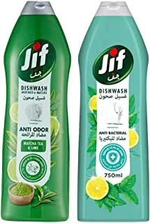 JIF Antibacterial Liquid Dishwash for 100% grease removal and perfect shine, Mint & Lemon, Removes 99.9% of germs, 750ml + Jif Cream Cleaner Lemon, 500ml