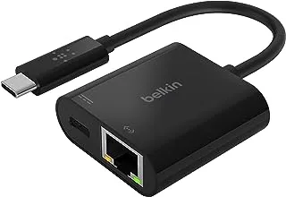 محول Belkin USB-C إلى Ethernet + شحن (طاقة عبور 60 وات للأجهزة المتصلة ، سرعات إيثرنت 1000 ميجابت في الثانية) محول MacBook Pro Ethernet