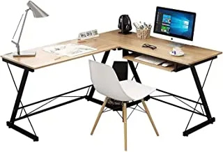 SKY-TOUCH L-Shaped Large Computer Desk，Large Corner PC Laptop Study Table Workstation Gaming Writing Desk with Keyboard Tray for Home Office&Free CPU Stand-Wood & Metal-Yellow wood grain 158×120×73cm