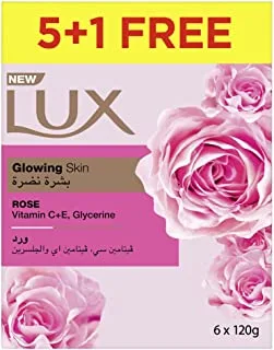 LUX Bar Soap For Glowing Skin, Rose With Vitamin C, E, and Glycerine, 120g (Pack of 6), Pink, 23747