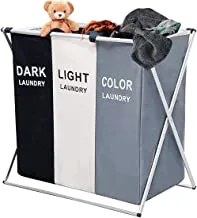 Showay laundry basket cloth hamper sorter bin foldable 3 sections foldable hamper/sorter with waterproof oxford bags and aluminum frame, washing clothes storage for home, dormitory