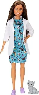 Barbie Pet Vet Brunette Doll with Career Pet-Print Dress, Medical Coat, Shoes and Kitty Patient for Ages 3 and Up ​, Multi