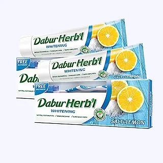 Dabur Herbal Whitening Natural Toothpaste | Enriched With Salt and Lemon | For Sparkling Shine & Super White Teeth - 150g + Toothbrush (Pack of 2)