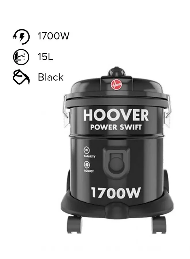 HOOVER Power Swift Compact Drum Vacuum Cleaner With Blower Function For Home & Office Use - 15 L 1700 W HT85-T0-ME Black
