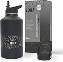 BEOLA 64oz 1900ml Stainless Steel Vacuum Insulated Water Bottle, Thermolab series Sports Jug with 2 Lids, Gym Bottle with Straw, for Hot Cold Drinks, Bella silicone boot included (Mountain Black)