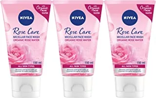 NIVEA Face Wash Micellar, Rose Care with Organic Rose, All Skin Types, 3x150ml, pink