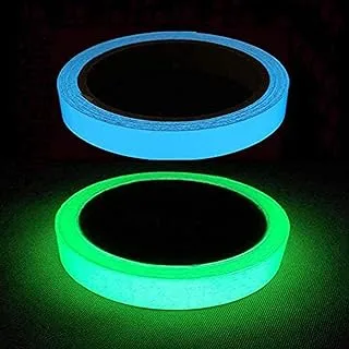 SHOWAY 2 Pieces 10m x 1cm Glow in The Dark Self-Adhesive Tape, Light Luminous Tape Sticker: Waterproof, Removable, Durable, Wearable, Stable, Safety (Green + Sky Blue)