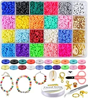 SHOWAY Clay Beads 4000 pcs, 6mm 20 Colors Flat Round Polymer Clay Spacer Beads, Beads for Bracelets with Pendant Charms Kit and Elastic Cord DIY for Jewelry Making Necklace Bracelet