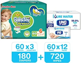 BabyJoy Compressed Diamond Pad, Size 6, 180 Diapers + 720 Uno Pure Water Baby Wet Wipes