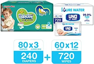BabyJoy Compressed Diamond Pad, Size 5, 240 Diapers + 720 Uno Pure Water Baby Wet Wipes