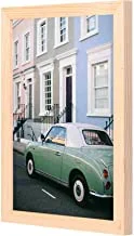 LOWHa Green and White Coupe Parked Beside Blue Painted House Wall art with Pan Wood framed Ready to hang for home, bed room, office living room Home decor hand made wooden color 23 x 33cm By LOWHa