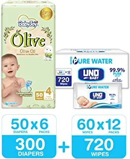 BabyJoy Olive, Size 4, 300 Diapers + 720 Uno Pure Water Baby Wet Wipes