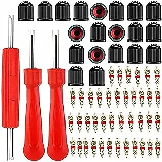 Valve Core Removal Tool Set,40Pcs Copper nickel-plated Schrader Valve Cores,20Pcs O-ring Seal Valve Stem Caps, 3 Pieces Dual Single Head Valve Core Remover Tool Tire Repair Tools