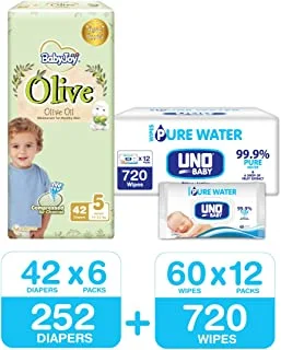 BabyJoy Olive, Size 5, 252 Diapers + 720 Uno Pure Water Baby Wet Wipes