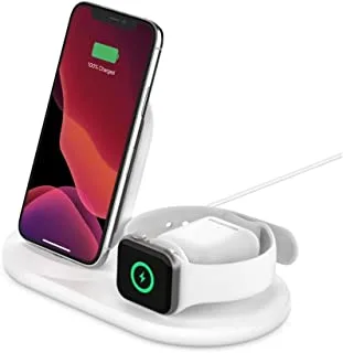 Belkin 3 in 1 Wireless Charging Station, 7.5W Wireless Charger for iPhone, Apple Watch and AirPods, Wireless Charging Dock, iPhone Charging Dock, iPhone 15, 14, 13, Apple Watch series 9, 8, 7 - White