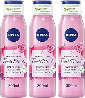 Nivea Shower Gel Body Wash, Fresh Blends Raspberry & Blueberry and Almond Milk, 3x300ml, pink