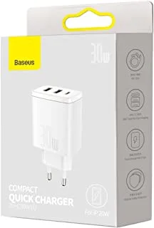Baseus 30W الاتحاد الأوروبي التوصيل 2 USB + شاحن سريع مضغوط من النوع C ، أبيض